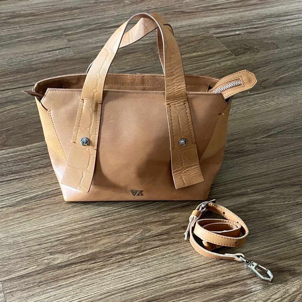 New with tags inside Leather Velez Columbia satchel w/crossbody strap Camel